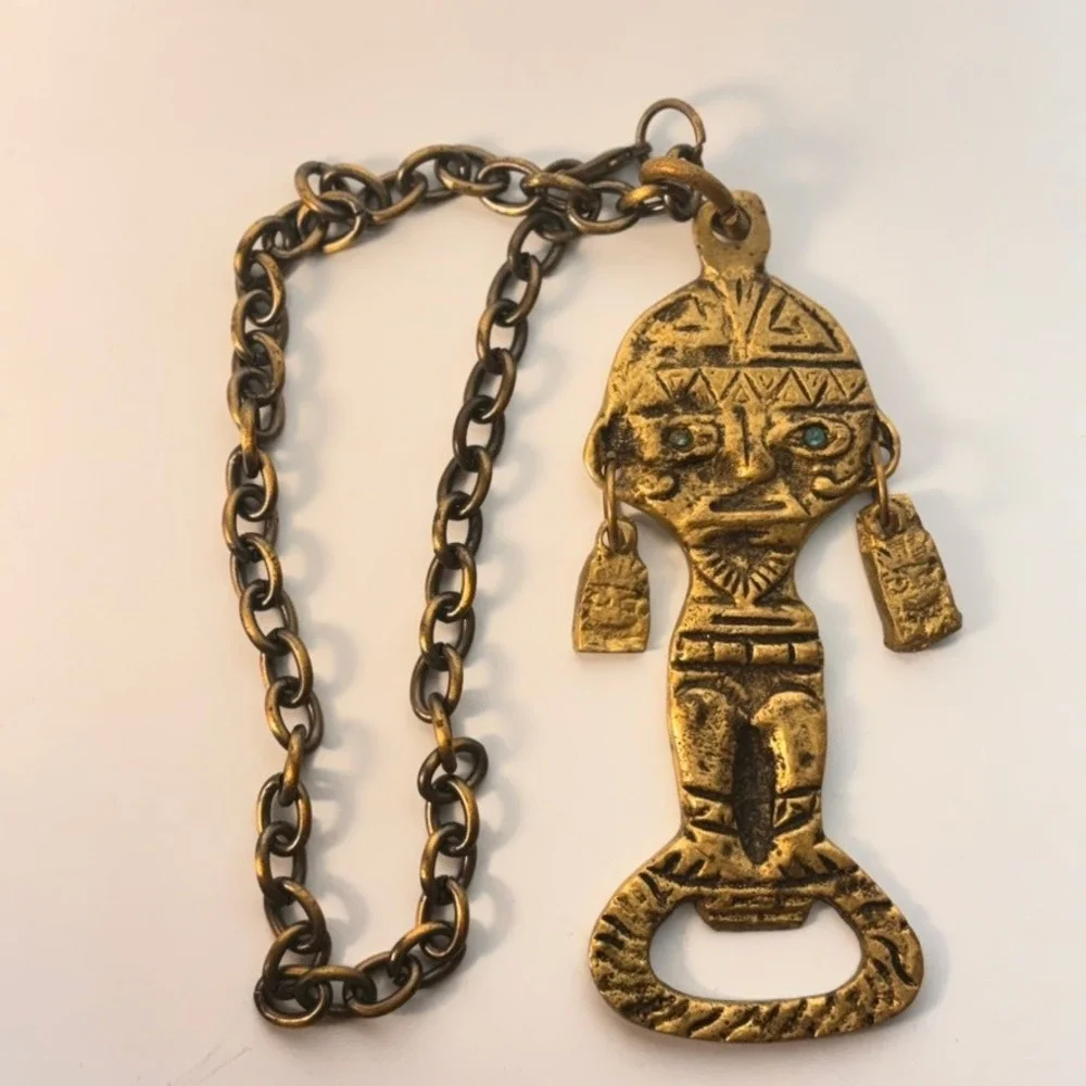 Vintage Brass Aztec Mayan Bottle Opener Gold Figural Tiki Barware Boho Statement